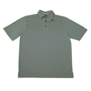 FJ Men's‎ Medium Polo Shirt Green Blue Striped Short Sleeve Polyester Spandex